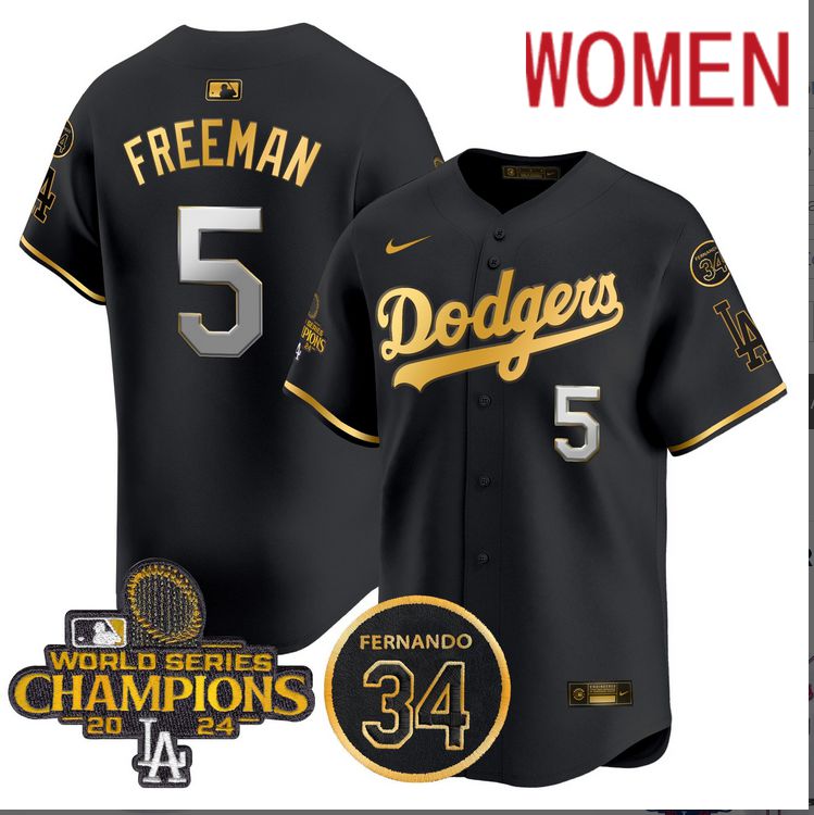 Women MLB Los Angeles Dodgers 5 Freeman black 2024 World Series Champions Patch Limited Jersey